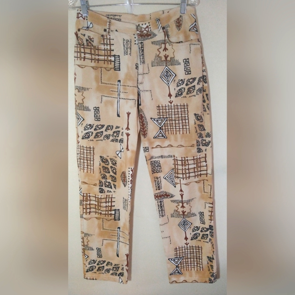 CHICO'S DESIGN WOMEN'S/MISSES SIZE 1 TAN AND BLACK DENIM JEANS FUN DESIGN
